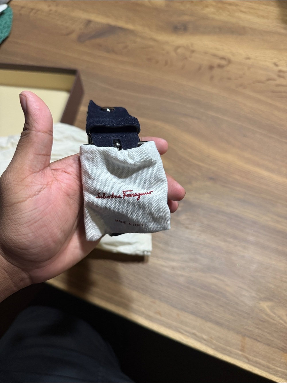 Salvatore Ferragamo Navy Suede Belt with Silver Buckle